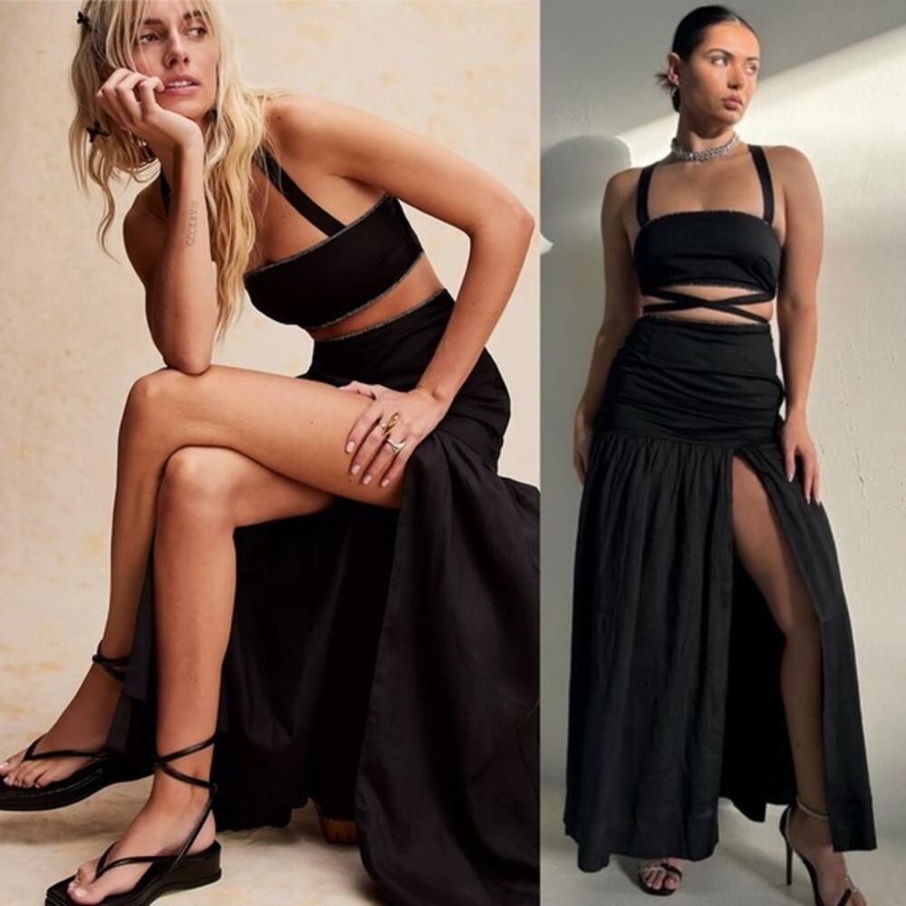 NEW Free People Hansen & Gretel Moonstruck Blk 2Pc Set Top Skirt Embellished XS